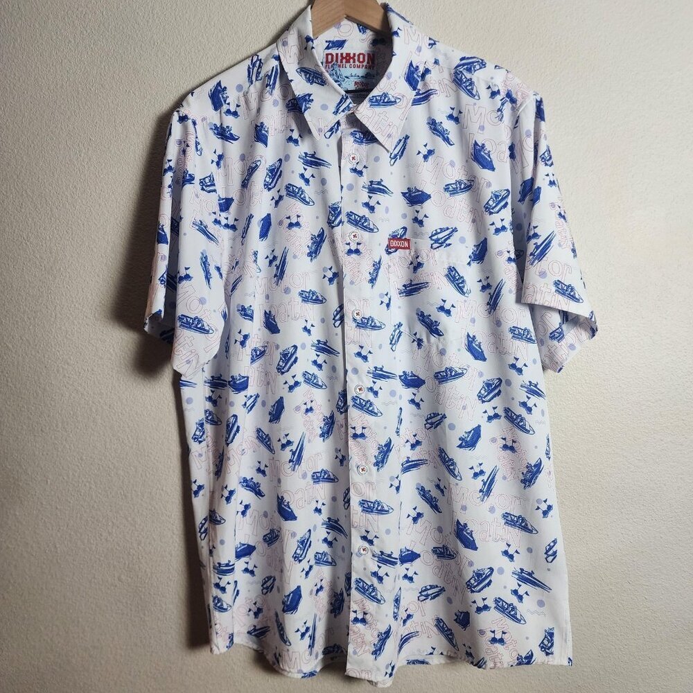 Dixxon Motor Boatin Shirt Mens XL White Blue Short Sleeve Button Up Boat Print